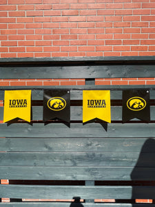 Iowa Hawkeyes Pennant Flags | 18' of string with 12 flags | University of Iowa | Bunting | Waterproof | Double sided | Durable | Recyclable