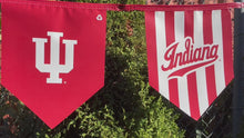 Load and play video in Gallery viewer, Indiana University Pennant Flags | 18&#39; of string with 12 flags | Candy Stripe | Banner Flags |Waterproof | Double sided | Durable | Recyclable
